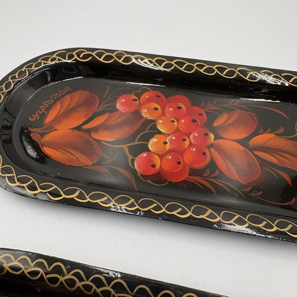 Two (2) Zhostovo Hand painted Russian Metal Decorative Trinket Tray Red Berries